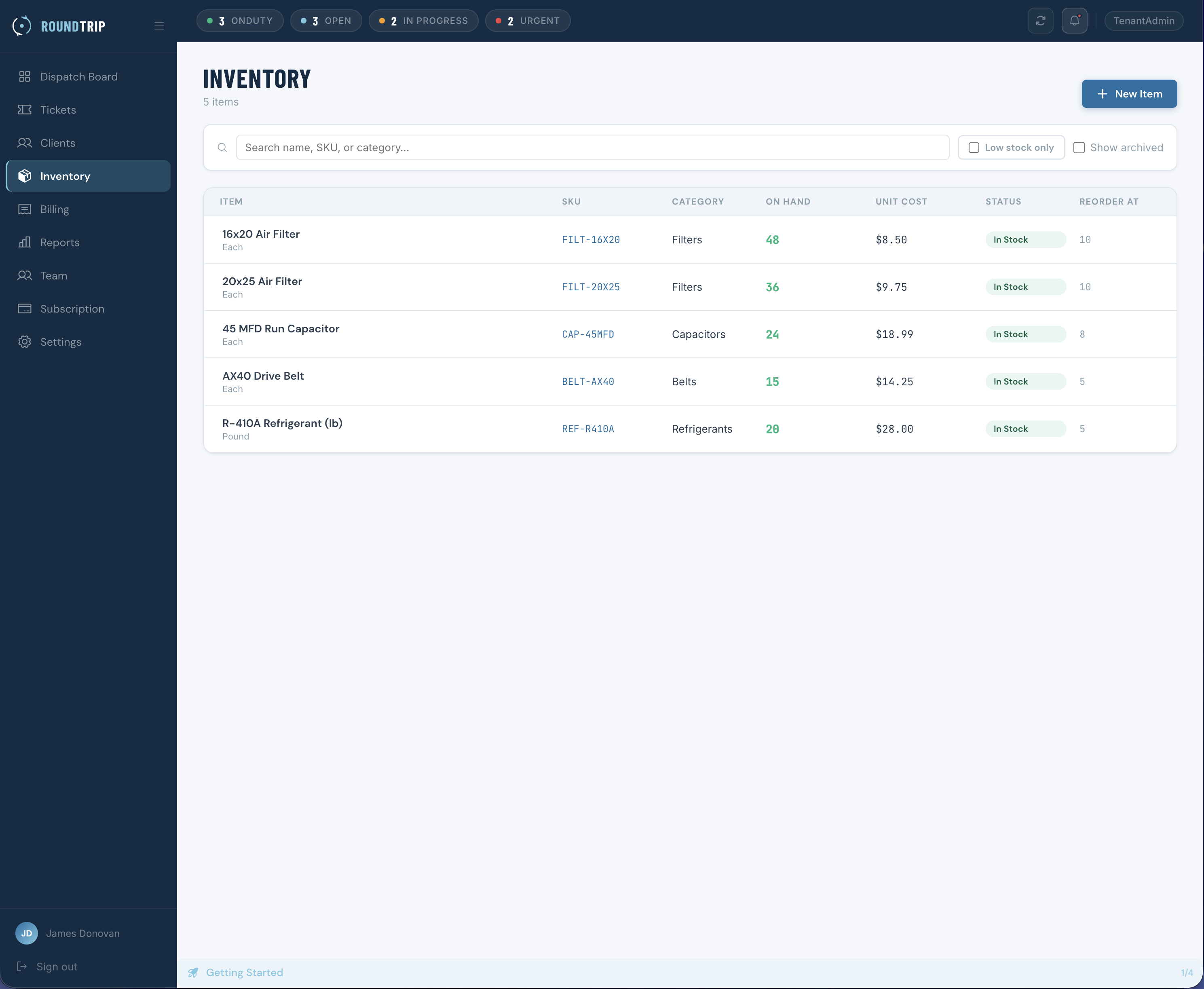 RoundTrip inventory management showing parts catalog and stock levels